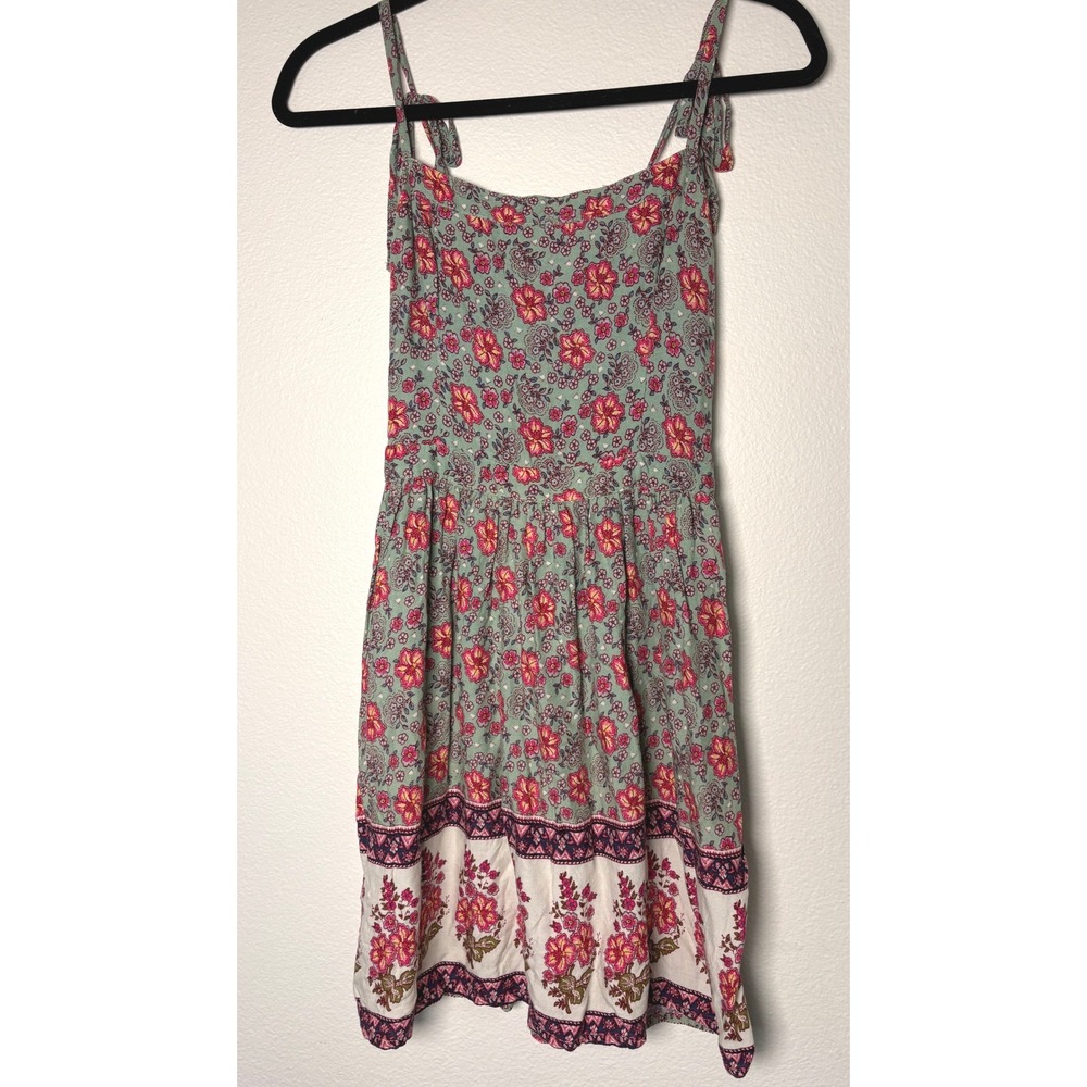 Hollister Green Floral Tie Strap Mini Dress Smocked Back Small